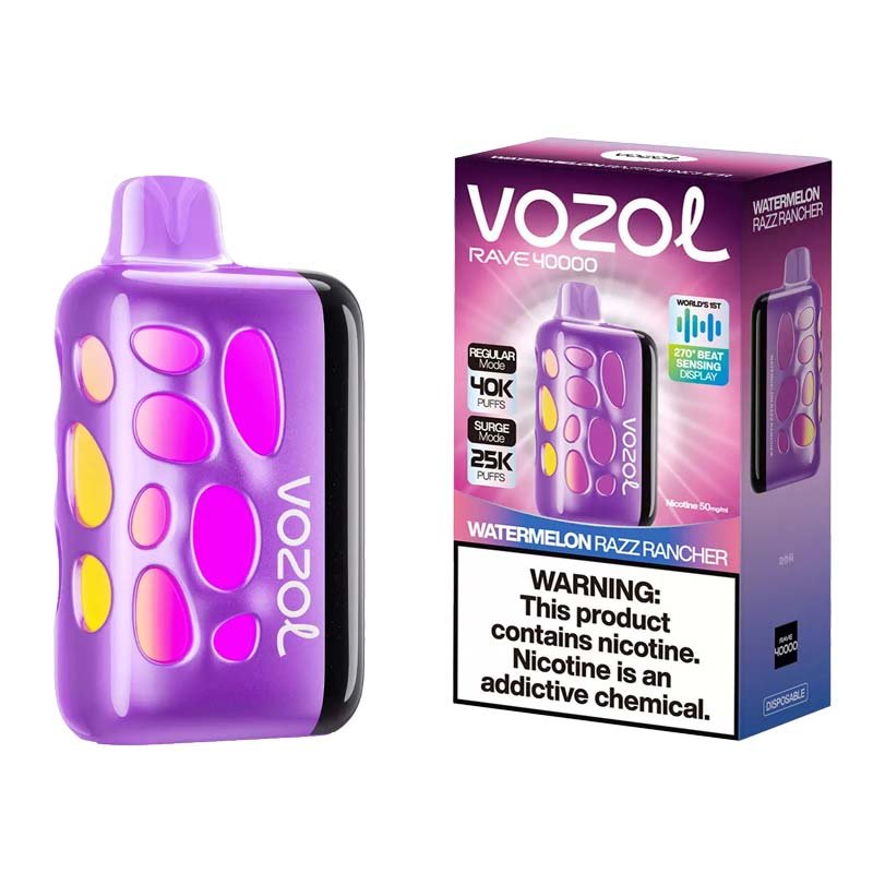 Vozol Rave 40000 Watermelon Razz Rancher disposable vape with smart display and surge mode, at Vape Snus Dubai