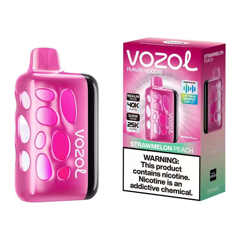 Vozol RAVE 4000 Disposable Vape in Strawmelon Peach flavour with LED effects, available at Vape Snus Dubai